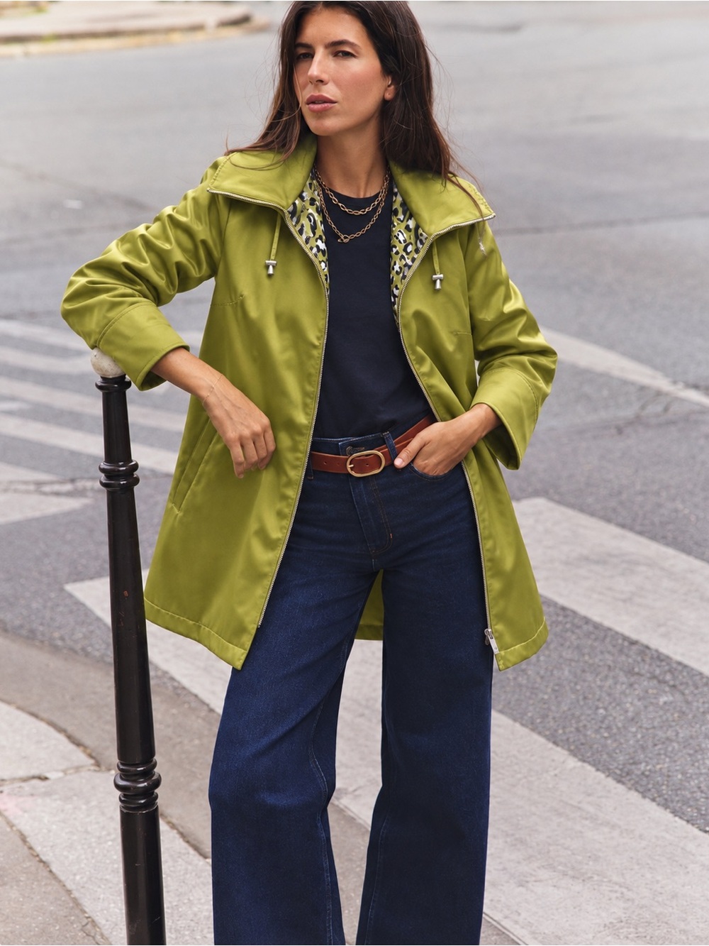 Dennis Basso Chartreuse Green Satin Finish And Hooded Jacket Leopard Print Linin